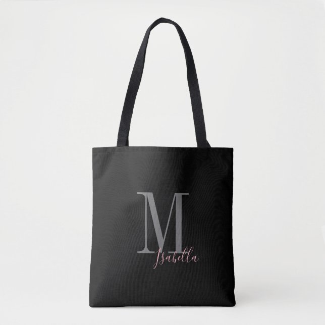 Personalized simple black pink name and monogram tote bag (Front)