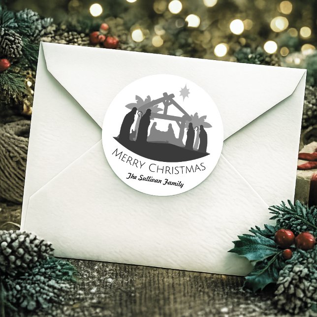 Personalized Simple Christmas Nativity Classic Round Sticker (Creator Uploaded)
