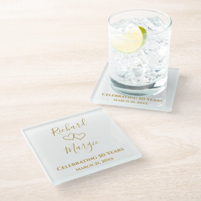 Personalized Simple Elegant 50th Anniversary Gift Glass Coaster (Angled)