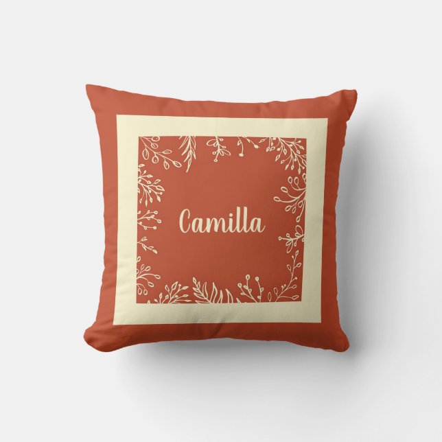Personalized Simple Farmhouse Fall Leaves Throw Pillow (Front)