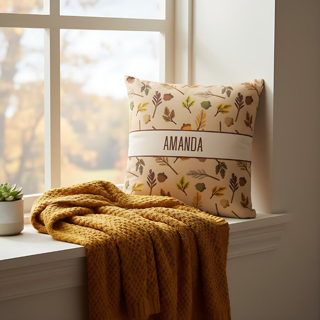 Personalized Simple Farmhouse Fall Leaves Throw Pillow (Autumn pillow-soft farmhouse decor)