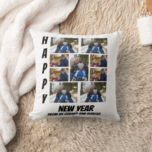 Personalized Simple Happy New Year 9 Photo Collage Throw Pillow (Blanket)