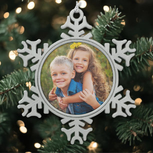 Personalized Simple Kids Photo Snowflake Pewter Christmas Ornament