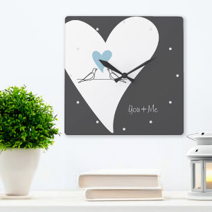 Personalized Simple Love Birds Light Blue Heart Square Wall Clock