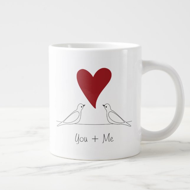 Personalized Simple Modern Birds in Love Red Heart Large Coffee Mug (Right)