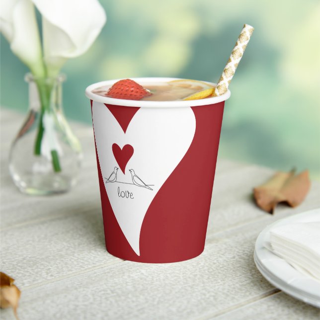 Personalized Simple Modern Birds in Love Red Heart Paper Cups (Insitu)
