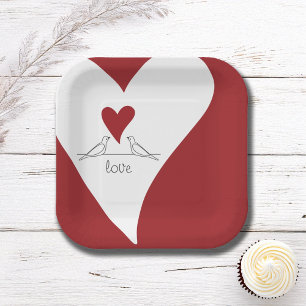 Personalized Simple Modern Birds in Love Red Heart Paper Plate