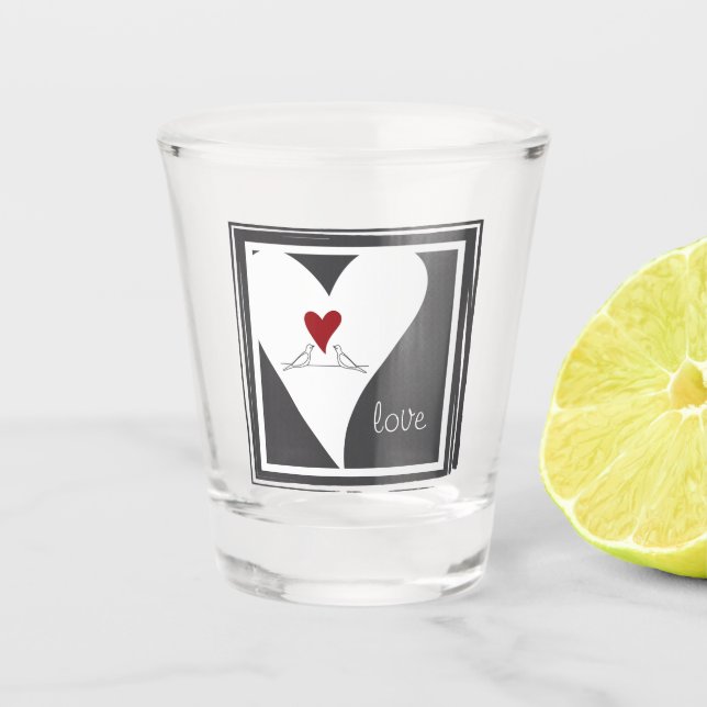 Personalized Simple Modern Birds in Love Red Heart Shot Glass (Front)
