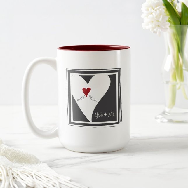 Personalized Simple Modern Birds in Love Red Heart Two-Tone Coffee Mug (Creator Uploaded)