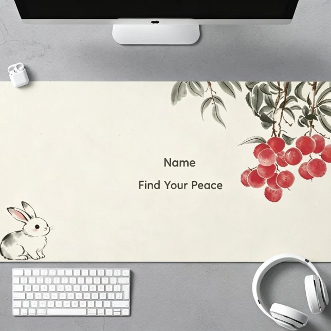 Personalized Simple Modern Bunny Lychee Desk Mat (Personalized Simple Modern Ink‑Wash Bunny Lychee Large Desk Mat)