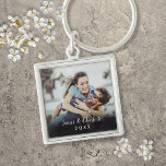 Personalized Simple Modern Elegant Script Photo Keychain<br><div class="desc">Personalize with your favourite photo featuring your names and the year,  creating a unique memory and gift. A lovely keepsake to treasure!</div>