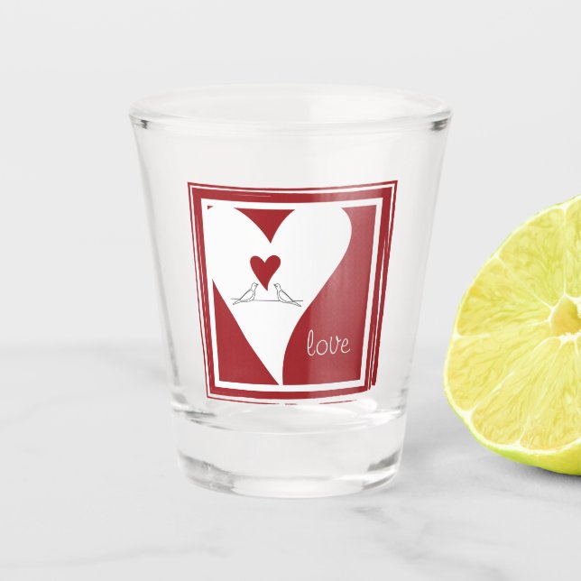 Personalized Simple Modern Love Birds Red Heart Shot Glass (Front)