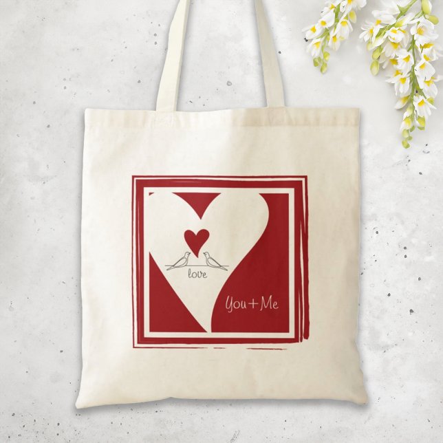Personalized Simple Modern Love Birds Red Heart Tote Bag (Creator Uploaded)
