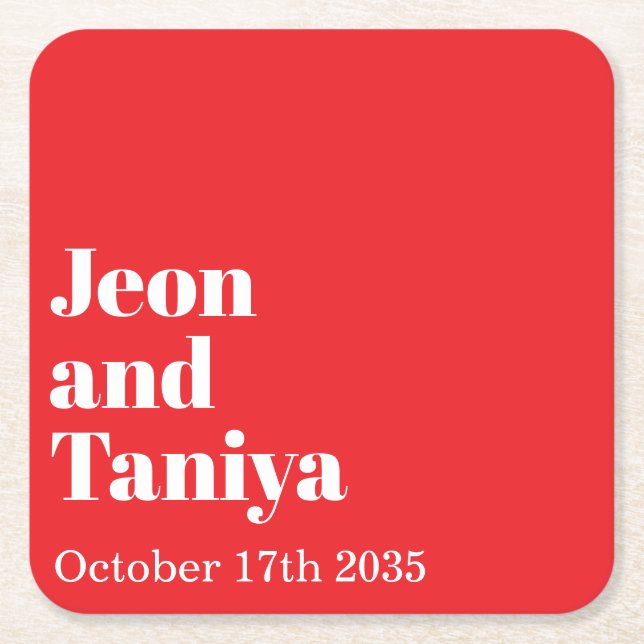 Personalized Simple Modern Minimal Wedding Name Square Paper Coaster (Front)