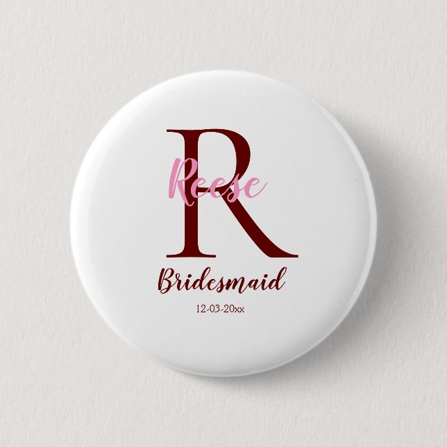 personalized simple monogram name bridesmaid date  2 inch round button (Front)