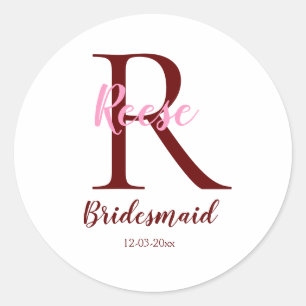 personalized simple monogram name bridesmaid date classic round sticker