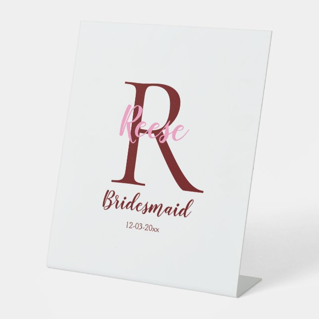 personalized simple monogram name bridesmaid date  pedestal sign (Front)