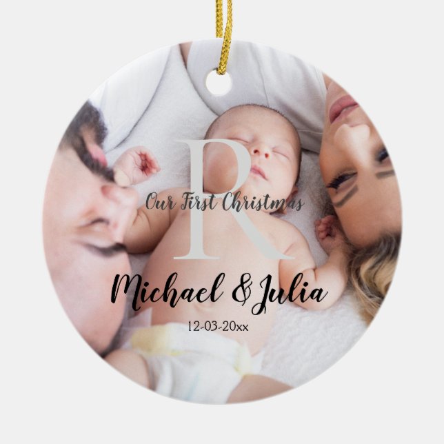 personalized simple monogram name first christmas  ceramic ornament (Front)
