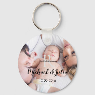 personalized simple monogram name first christmas keychain