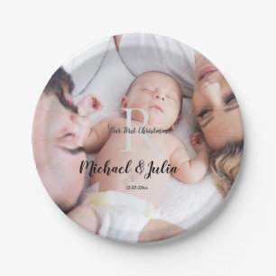 personalized simple monogram name first christmas  paper plate