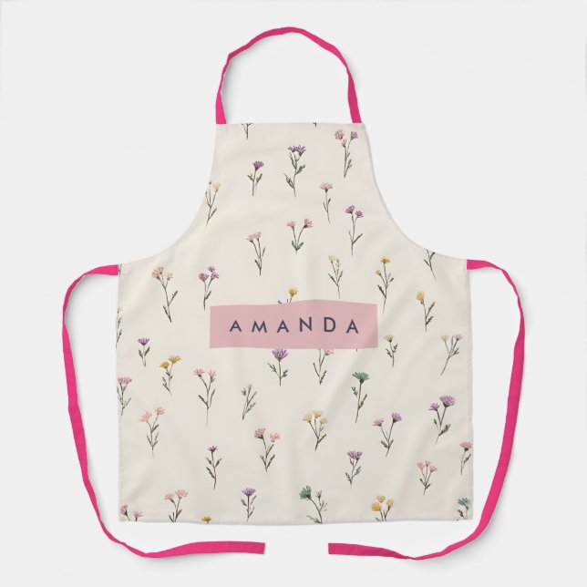 Personalized Simple Pastel Flower Motif on Cream Apron (Front)