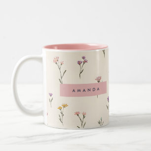 Personalized Simple Pastel Flower Motif on Cream Two-Tone Coffee Mug