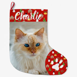 Personalized Simple Paw Pet Photo Monogram Name Large Christmas Stocking