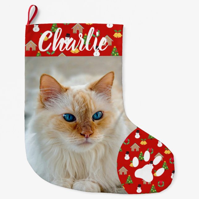 Personalized Simple Paw Pet Photo Monogram Name Large Christmas Stocking (Front)