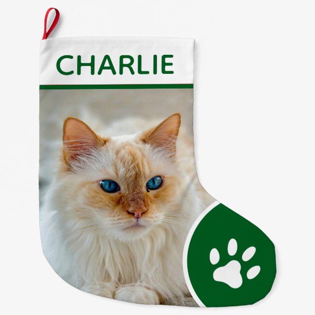 Personalized Simple Paw Pet Photo Monogram Name Large Christmas Stocking (Front)