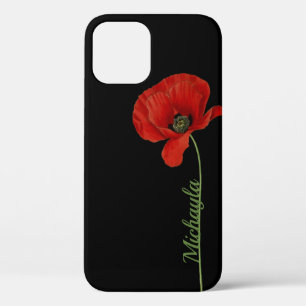 Personalized Simple Red Poppy on Black  iPhone 12 Case