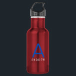 Personalized Simple Red White Blue Initial Name 532 Ml Water Bottle<br><div class="desc">Red, White, and Blue Personalized Name and Initial Letter Stainless Steel Water Bottle with a Custom Monogram in a trendy modern and minimal classic sans serif font for a simple but sophisticated and masculine look. Shown in blue and white on a red metallic water bottle, the text colours and fonts...</div>