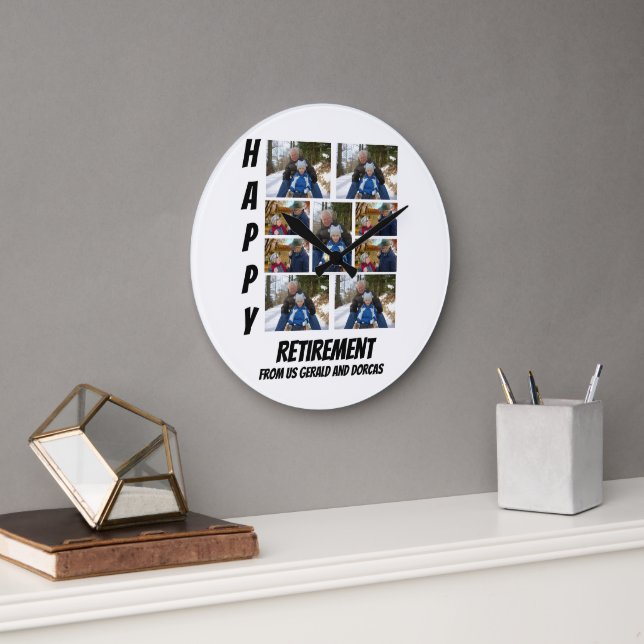 Personalized Simple Retirement  9 Photo Collage Large Clock (Office)
