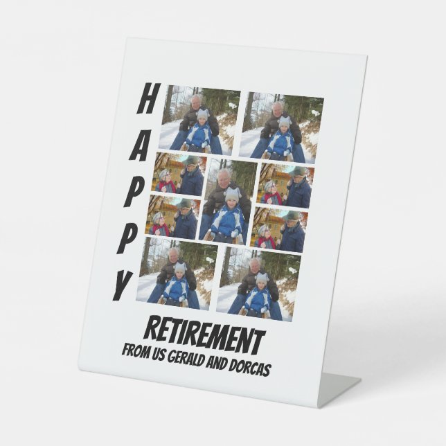 Personalized Simple Retirement  9 Photo Collage  Pedestal Sign (Front)