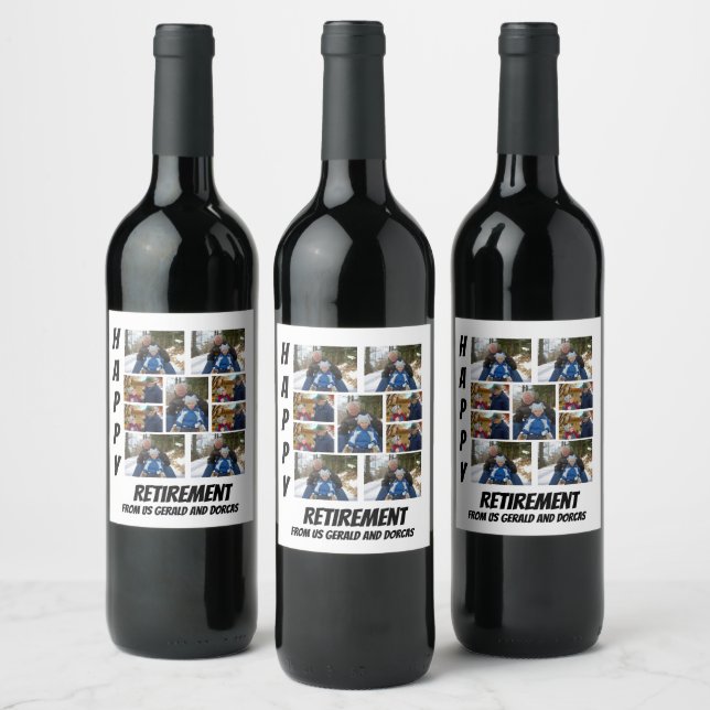 Personalized Simple Retirement  9 Photo Collage Wine Label (Bottles)