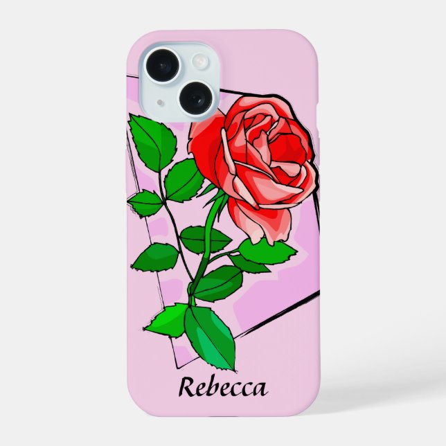 Personalized Single red rose art iPhone 15 Case (Back)