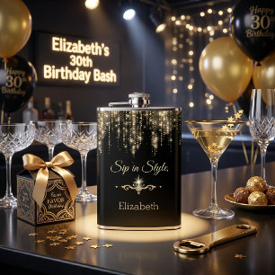 Personalized Sip in Style Glitter Black Gold Hip Flask