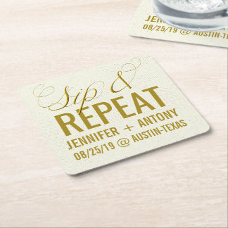Personalized "Sip & Repeat" Custom Wedding Favour Square Paper Coaster