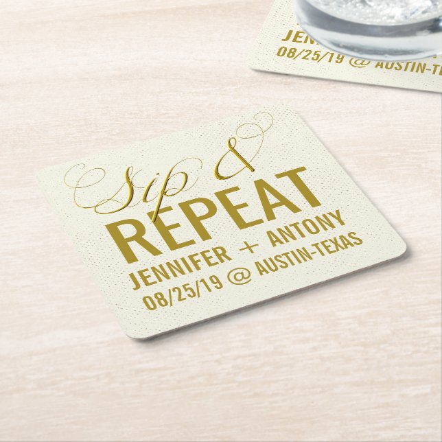Personalized "Sip & Repeat" Custom Wedding Favour Square Paper Coaster (Angled)