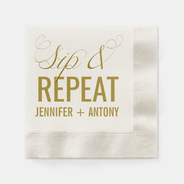 Personalized "Sip & Repeat" Wedding Cocktail Napkin (Front)