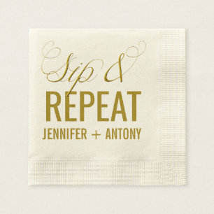 Personalized "Sip & Repeat" Wedding Cocktail Napkin