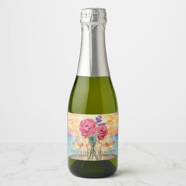 Personalized Sip & Sunset Mini Sparkling Wine Label (Front)