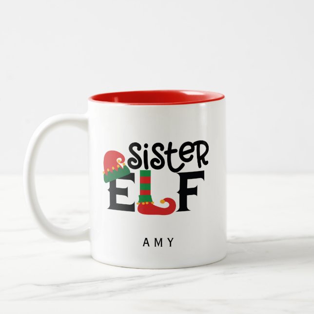 Personalized Sister Elf Two-Tone Coffee Mug (Left)