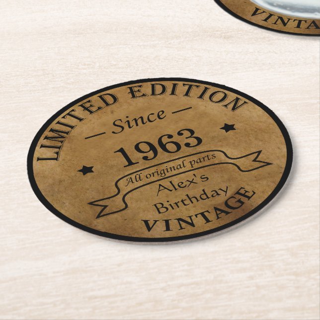 Personalized sixty vintage 60th birthday gifts round paper coaster (Angled)