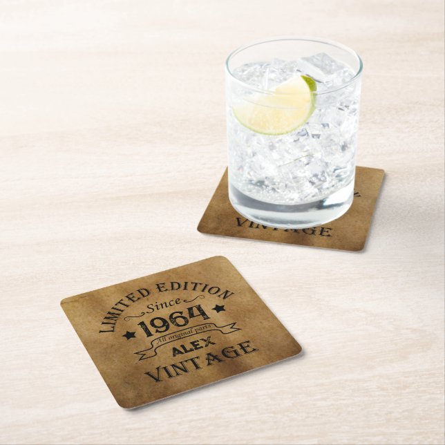 Personalized sixty vintage 60th birthday party square paper coaster (Insitu)