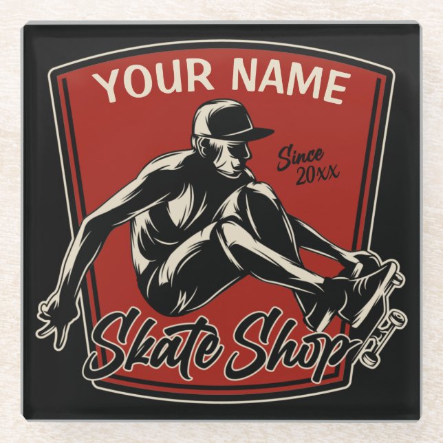 Personalized Skate Shop Grab Trick Skateboarding  Glass Coaster (Front)