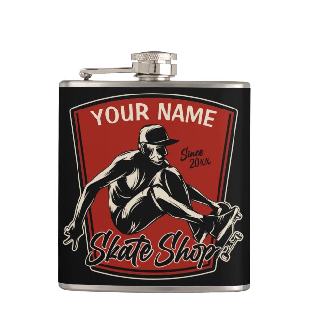 Personalized Skate Shop Grab Trick Skateboarding  Hip Flask (Front)