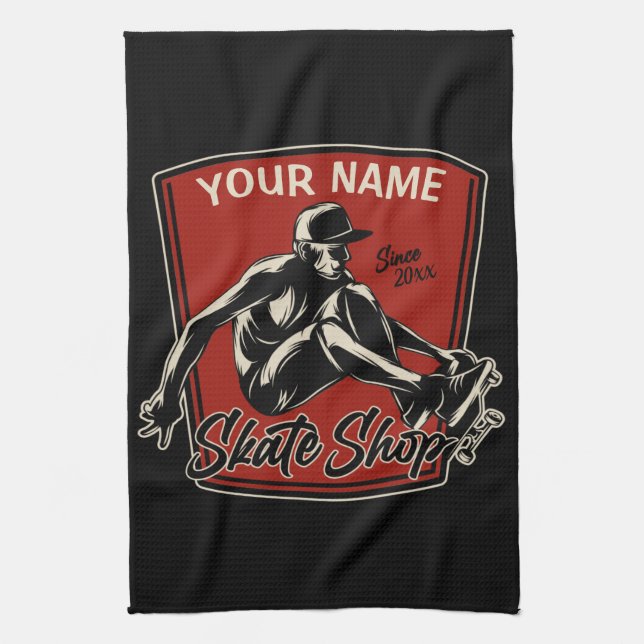 Personalized Skate Shop Grab Trick Skateboarding Kitchen Towel (Vertical)