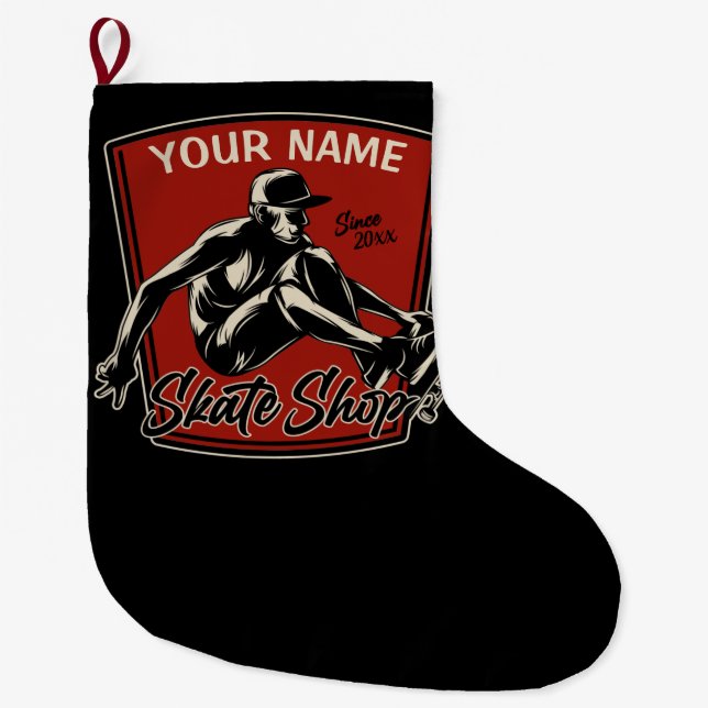 Personalized Skate Shop Grab Trick Skateboarding  Large Christmas Stocking (Front)
