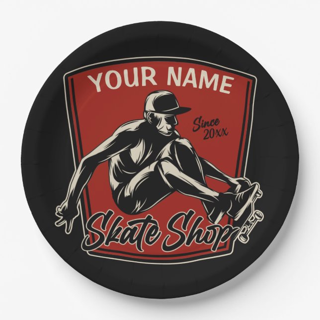 Personalized Skate Shop Grab Trick Skateboarding Paper Plate (Front)