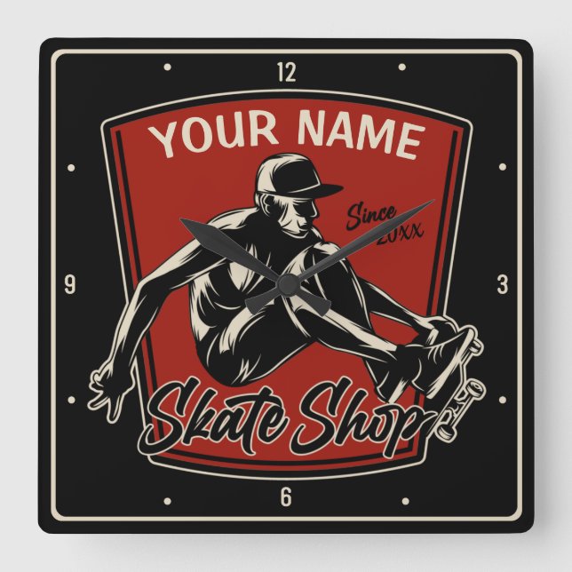 Personalized Skate Shop Grab Trick Skateboarding Square Wall Clock (Front)